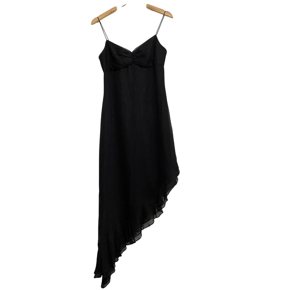 Phoebe Black 100%‎ Silk Glitter Asymmetrical Ruffle Midi Dress Womens 6 babydoll